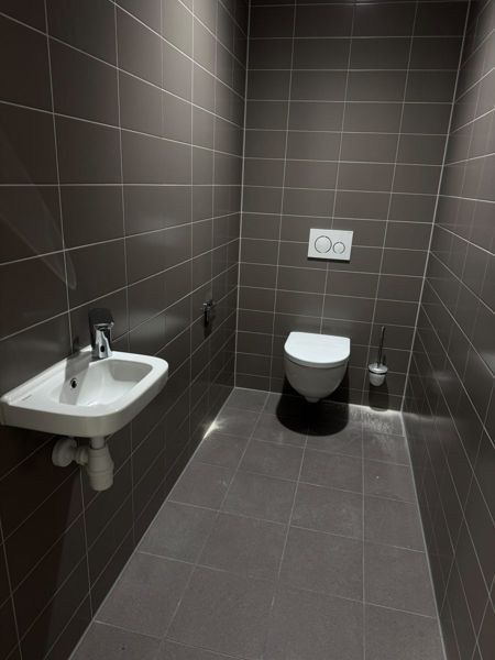 Grijs betegeld toilet met hangend closet en fonteintje